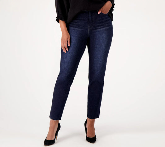 Girl With Curves Raw Hem Tall Girlfriend Jeans - DARK INDIGO